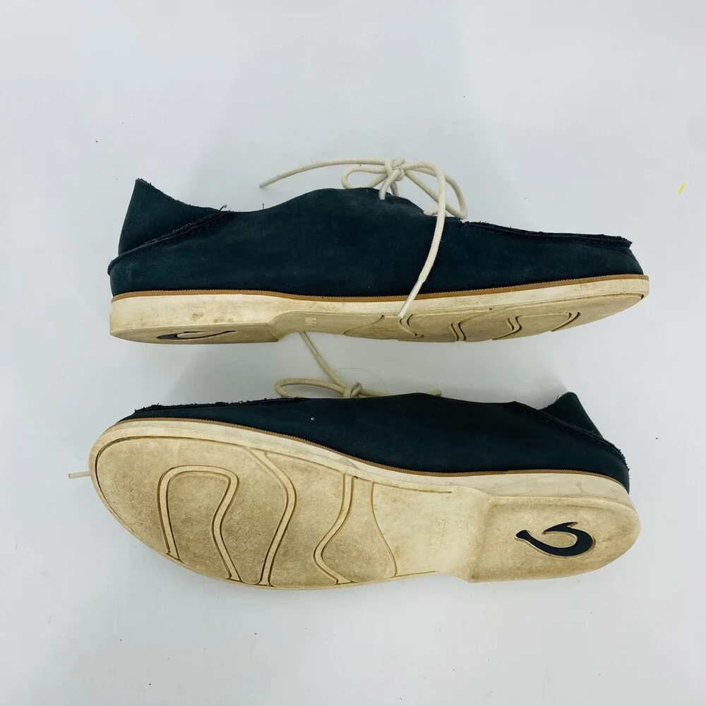 Olukai Navy Gray Leather Boat Shoes Men’s 9 Slip On Casual Deck Loafers